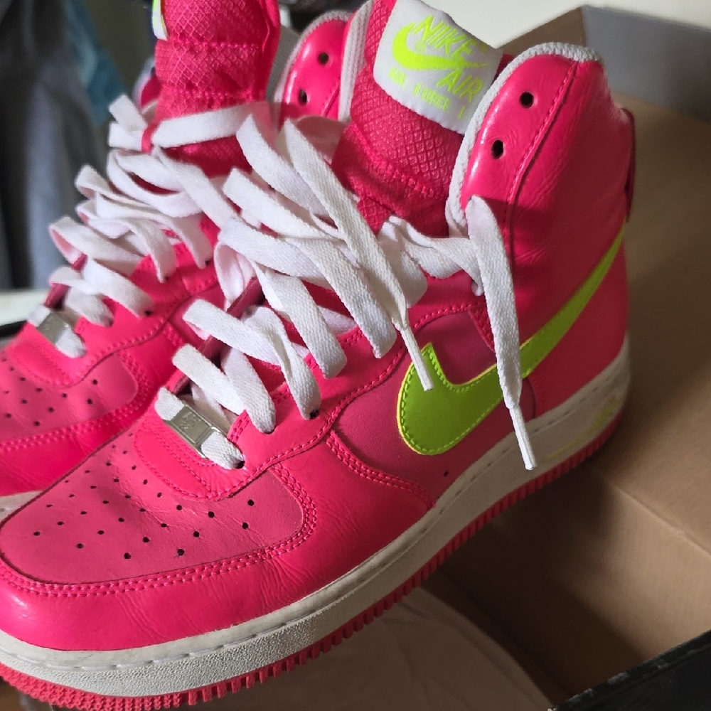 Nike High-Top Sneakers in Neon Pink with Lime Swoosh